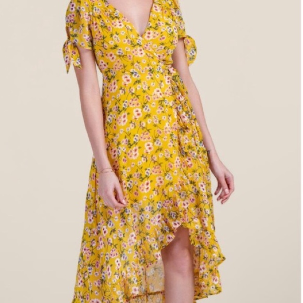 yellow floral wrap dress